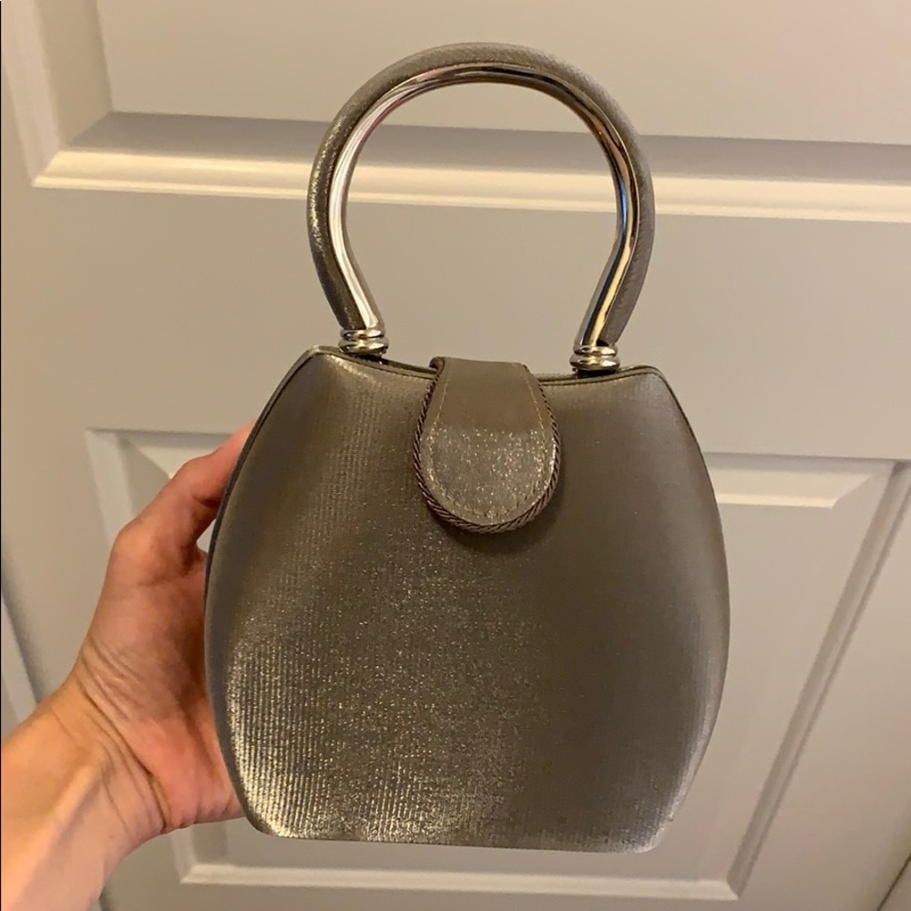 Metallic silver gray mesh clutch